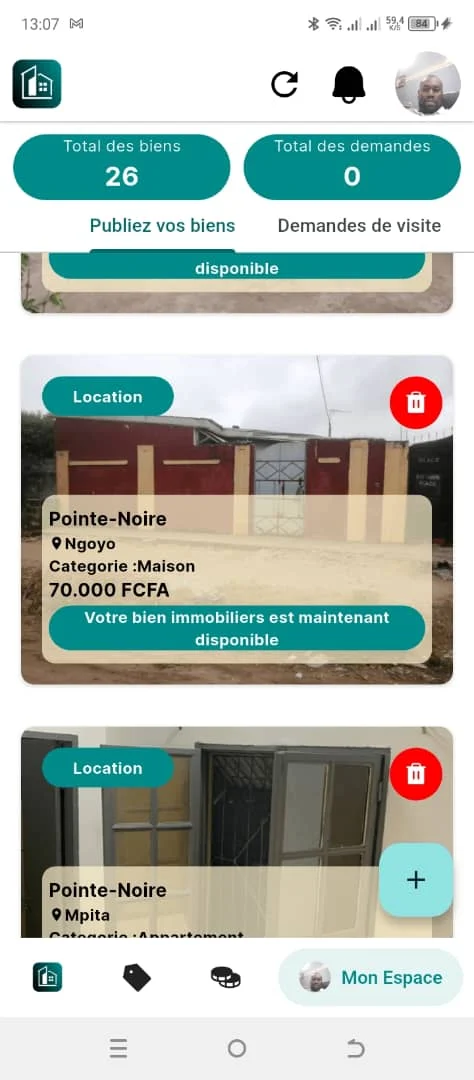Application Ndako : espace personnel avec biens publiés et demandes de visite